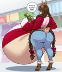 accessory anthro antlers belly big_belly big_breasts big_butt blue_eyes bottomwear bow_ribbon braided_hair breasts brown_body brown_fur brown_hair butt clothed clothing denim denim_bottomwear denim_clothing dialogue female fingers food fur ginormous_belly hair hair_accessory hair_bow hair_ribbon hooves horn huge_belly huge_breasts hyper hyper_belly hyper_pregnancy jeans long_hair multicolored_body multicolored_fur pants pregnant pregnant_anthro pregnant_female ribbons solo speech_bubble standing tan_body tan_fur text thick_thighs topwear two_tone_body two_tone_fur tiggybloom olive_(rawk_manx) deer mammal new_world_deer reindeer 2025 artist_name english_text hi_res