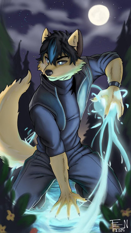 anthro armor bracelet clothed clothing cloud elemental_manipulation forest hero jewelry light machine magic magic_user magician male moon moonlight night plant pond power-up power_armor river serious sky solo star superhero superpowers tree water_manipulation waterfall fenfenrir raymond_(fenfenrir) canid canine canis domestic_dog mammal wolf 9:16 hi_res
