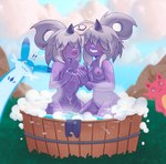 anthro bathtub breasts duo female female/female feral grey_hair grin hair hair_over_eyes horn navel nipples open_mouth outside partially_submerged purple_body small_breasts smile suds wet wet_body wet_skin lalamedli palworld pocketpair cattiva chillet dazzi_(pal) horned_humanoid humanoid mammal pal_(species) 2024 hi_res