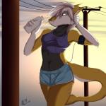 anthro bottomwear breasts bulge butt claws clothed clothing crop_top ear_piercing grey_hair gynomorph hair intersex kemono midriff navel navel_piercing nipple_outline outside piercing pupils scar shirt shorts sky slit_pupils small_breasts solo tail tank_top topwear yellow_eyes black-husky johnsergal_(character) mammal sergal 1:1 hi_res