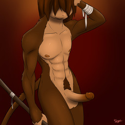 abs anthro balls biceps biped brown_body brown_fur brown_hair brown_nipples erection front_view fur genitals gradient_background hair hair_over_eyes humanoid_genitalia humanoid_penis male melee_weapon muscular muscular_anthro muscular_male nipples nude pecs penis polearm pose presenting pubes simple_background solo staff standing tan_body tan_fur weapon slypon haplorhine mammal monkey primate 1:1