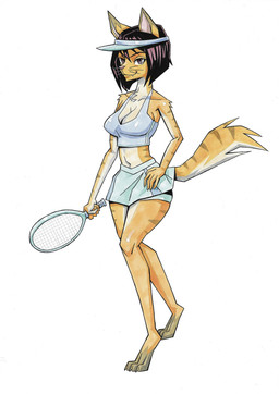 anthro black_hair bottomwear breasts cleavage clothed clothing female hair hat headgear headwear looking_at_viewer navel shirt skirt smile solo tank_top tennis_racket topwear visor_cap whiskers oluttzada domestic_cat felid feline felis mammal absurd_res hi_res