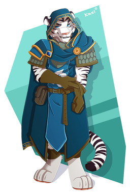anthro brown_clothing brown_gloves brown_handwear clothing gloves handwear hood male shirt shoulder_pads solo topwear tunic white_body kael_tiger felid mammal pantherine tiger hi_res
