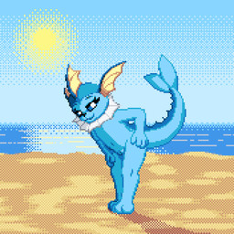 anthro anthrofied beach blue_body day featureless_crotch female flat_chested genitals looking_at_viewer nude outside pokemorph sand sky smile solo standing tail vulva water zeka10000 nintendo pokemon eeveelution generation_1_pokemon pokemon_(species) vaporeon 1:1 digital_media_(artwork) pixel_(artwork)