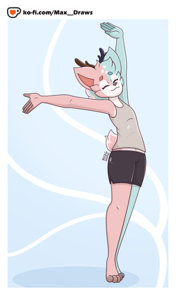 4_toes 5_fingers anthro antlers birthday casual_clothing clothed clothing feet female fingers happy horn simple_background solo stretching toes max_draws ko-fi neena_(max_draws) deer mammal 3:5 absurd_res hi_res