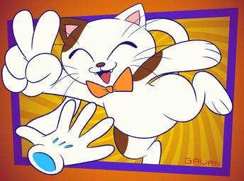 abstract_background anthro bow_tie bow_tie_only brown_nose brown_spots clothing disembodied_hand eyes_closed fangs fur gloves handwear happy male mostly_nude on_one_leg rock_paper_scissors solo spots standing teeth white_body white_fur gavanzude data_east janken_game_acchi_muite_hoi! tama_(janken_game_acchi_muite_hoi!) domestic_cat felid feline felis mammal alternate_version_at_paywall digital_drawing_(artwork) digital_media_(artwork) hi_res signature