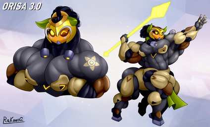big_muscles female huge_muscles hyper hyper_muscles looking_at_viewer machine melee_weapon muscular muscular_female one_eye_closed polearm solo spear weapon wink winking_at_viewer rakoongrey blizzard_entertainment overwatch orisa_(overwatch) robot robot_taur taur absurd_res hi_res