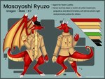 anthro blue_border border clothing coat green_eyes hat headgear headwear info male masayoshi_ryuzo red_body solo tail text topwear trenchcoat wings anonymous_artist my_furry_art mythology dragon mythological_creature mythological_scalie scalie 4:3 english_text hi_res model_sheet