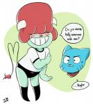 anthro blush bodily_fluids clothing duo eyes_closed female flat_chested fur green_body green_fur hair heart_symbol holding_arm horn male red_hair red_nose smile speech_bubble sweat teeth text young comfysaur cartoon_network the_amazing_world_of_gumball gumball_watterson jamie_(tawog) bovid caprine domestic_cat felid feline felis mammal 2015 english_text hi_res