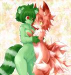 anthro breasts duo female fur green_body green_fur kemono red_body red_eyes red_fur yellow_eyes kolshica canid canine canis mammal procyonid raccoon wolf