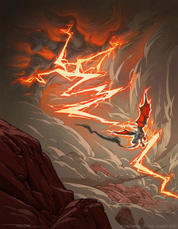 ambiguous_gender electricity feral flying grey_body lightning membrane_(anatomy) membranous_wings mountain outside rock smoke solo tail wings robbie_trevino hasbro magic:_the_gathering mythology wizards_of_the_coast dragon mythological_creature mythological_scalie scalie digital_media_(artwork) hi_res official_art