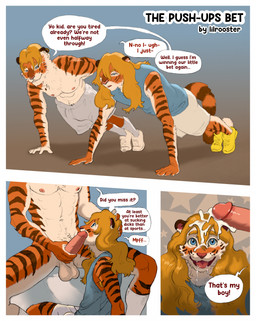 anthro balls blonde_hair blue_eyes bodily_fluids bottomwear clothing cum cum_on_face dialogue duo erection exercise fellatio footwear fur genital_fluids genitals glans hair humanoid_genitalia humanoid_penis long_hair male male/male muscular muscular_male navel nipples nude oral penile penis push-up sex shoes shorts sneakers speech_bubble striped_body striped_fur stripes text workout workout_clothing lilrooster sammy_(lilrooster) seb_(lilrooster) felid mammal pantherine tiger comic english_text hi_res brother_(lore) brothers_(lore) incest_(lore) sibling_(lore)