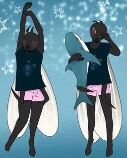 antennae_(anatomy) anthro black_body blep blue_background blush clothed clothing gradient_background holding_object looking_at_viewer male multi_limb multicolored_eyes open_mouth pattern_background plushie print_clothing shark_plushie simple_background solo sparkles standing star-shaped_background star_polygon stretching tired tongue tongue_out underwear wings yawn daisy-marshmallow e621 ikea blahaj rob_(daisy-marshmallow) arthropod fly_(animal) insect absurd_res digital_media_(artwork) hi_res