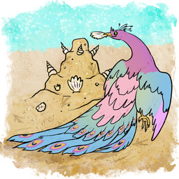 avian_feet beach beak biped blue_body feathered_crest feathered_wings feathers feral green_eyes head_crest male pink_body sand_castle sculpture shell tail tail_feathers wings chickenzaur gyro_feather avian bird galliform peafowl phasianid 1:1 digital_media_(artwork) hi_res