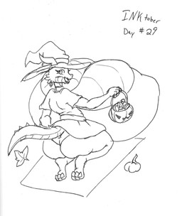 anthro big_breasts biped breasts butt clothed clothed_anthro clothed_female clothing count day_count female female_anthro halloween_bucket hat headgear headwear holidays huge_breasts hyper hyper_breasts kneeling non-mammal_breasts panties rear_view scales tail tail_under_skirt text top_heavy underwear upskirt ventral_scales witch_costume witch_hat vant_talon halloween inktober inktober_2025 2025 black_and_white dated english_text hi_res monochrome pen_(artwork) traditional_media_(artwork)