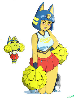 anthro bottomwear cheerleader cheerleader_outfit cheerleading_pose chibi clothed clothing crop_top female furgonomics midriff navel pom_poms pose shirt simple_background skirt solo tail tail_through_skirt topwear white_background woogleboy animal_crossing nintendo ankha_(animal_crossing) domestic_cat felid feline felis mammal 2020 absurd_res hi_res