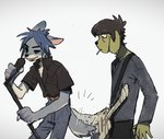 2024 2d_(gorillaz) alternate_species anthro axian6777 biped black_eyes blue_body blue_fur canid canine canis domestic_dog duo fur furrification gorillaz green_body green_fur guitar hi_res hyena male mammal murdoc_niccals musical_instrument plucked_string_instrument singing slim_anthro slim_male string_instrument tail tail_motion tailwag white_body white_fur