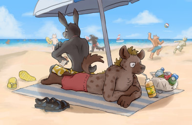 anthro ball beach brown_body detailed_background drinking duo_focus group hair male markings sand sky spots spotted_body summer tail umbrella djmoonlycan aquatic canid hyena lagomorph leporid mammal rabbit spotted_hyena 2026