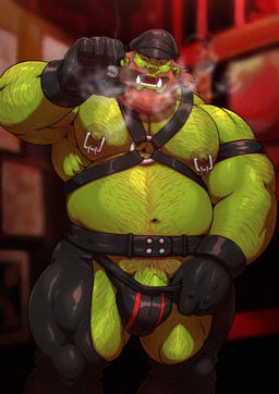 arm_hair armband armpit_hair biped body_hair chaps chest_hair cigar clothing detailed_background flaccid genitals gloves green_body green_skin hair hairy_legs handwear harness hat headgear headwear leather leather_clothing leather_daddy leather_gloves leather_handwear leather_harness lowered_underwear male musclegut muscular muscular_humanoid muscular_male nipple_piercing nipple_ring nipples not_furry penis penis_base piercing pose pubes purple_eyes red_hair ring_piercing seductive smoking solo tusks grisser humanoid orc 2019 absurd_res hi_res pinup