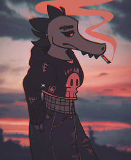 anthro bottomwear cigarette clothing female fishnet_clothing hoodie looking_at_viewer pants piercing smoking solo sunset thick_thighs topwear torn_bottomwear torn_clothing torn_pants lofihill night_in_the_woods bea_santello crocodile crocodilian reptile scalie
