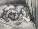 1862 19th_century ancient_art anthro bed big_bad_wolf bonnet canid canine canis claws clothed clothing duo fairy_tales female formal_art fur furniture greyscale gustave_dore hair headgear headwear human little_red_riding_hood little_red_riding_hood_(copyright) looking_aside looking_at_another low_res lying male mammal monochrome on_back on_bed under_covers wolf young
