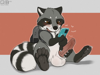anthro backpack balls big_balls big_penis cellphone claws countershading electronics erection fluffy fluffy_tail full_foot_pawpads fur genitals grey_body grey_fur male markings masturbation pawpads penile penile_masturbation penis phone sitting smartphone solo striped_markings striped_tail stripes tail tail_markings q-blackbun mammal procyonid raccoon 4:3