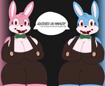 absurd_res anthro big_breasts blazerfurro blood bodily_fluids bow_tie breasts duo female hi_res huge_breasts konami lagomorph leporid looking_at_viewer mammal nipple_outline rabbit robbie_the_rabbit_(silent_hill) silent_hill speech_bubble text thick_thighs