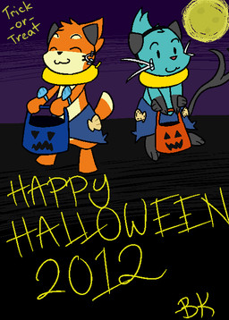 :3 ambiguous_gender duo happy_halloween holidays moon smile text year furrygami halloween nintendo pokemon buizel generation_4_pokemon pokemon_(species) 2012 english_text