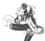 abs anthro armwear boots clothing duo female footwear fur gloves handwear jacket male markings scarf shoes simple_background sitting topwear tuft white_background yuriyuri_(ccc) bandai_namco digimon beelzemon canid digimon_(species) humanoid mammal renamon 2021 hi_res monochrome