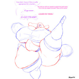 anthro belly big_breasts big_butt bodily_fluids bottomwear breasts butt cheerleader cheerleader_outfit cheerleading_pose clothing dialogue eyewear feet female forced glasses huge_breasts huge_butt hyper hyper_breasts hyper_butt legwear long_ears miniskirt overweight pom_poms raised_leg simple_background skirt small_feet smile solo sweat sweatdrop text thick_thighs thigh_highs tight_clothing white_background white_body biboioioi undertale_(series) toriel bovid caprine goat mammal monster 1:1 english_text hi_res sketch