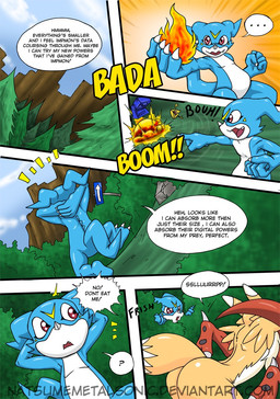 anthro bandai_namco blue_body blue_skin butt canid canine comic dialogue digimon digimon_(species) duo ellipsis english_text female fire fireball fur growth guilmon mammal natsumemetalsonic nude question_mark renamon scalie sound_effects speech_bubble text url veemon vore watermark white_body white_fur yellow_body yellow_fur