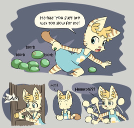 afterimage ambiguous_gender annoyed anthro blonde_eyebrows blonde_hair blue_clothing blue_dress blue_eyes blush blush_lines brown_body brown_fur brown_stripes brown_tail_tip closed_smile clothing cross-popping_vein cute_fangs dialogue dipstick_tail door_slam dress eyebrows fangs female fur gem green_gem group hair holding_gem holding_object inner_ear_fluff looking_back markings mouth_closed onomatopoeia open_mouth open_smile pouting running smile sound_effects speech_bubble striped_body striped_fur striped_markings striped_tail stripes tail tail_markings talking_to_another tan_body tan_fur tan_tail teeth text tuft young young_anthro young_female bisonvega cat_girl_(bisonvega) domestic_cat felid feline felis goo_creature mammal slime_(blob) 2025 comic english_text