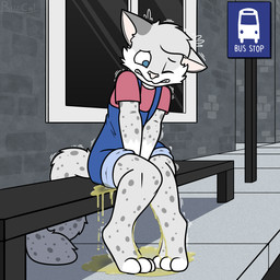 3_toes ambiguous_gender anthro barefoot bodily_fluids brick brick_wall bus_stop clothing ears_aside feet fur genital_fluids grey_body grey_fur hands_on_crotch omorashi one_eye_closed outside overalls pavement paws peeing shaking shortalls sidewalk solo tail toes urine urine_on_foot urine_on_leg urine_pool urine_stream wall_(structure) window ritzcat jordan_(chronokitten) felid mammal pantherine snow_leopard 1:1 hi_res