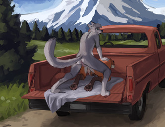 all_fours anal anal_penetration anthro anthro_penetrated anthro_penetrating backsack balls butt duo erection feet fingers from_behind_position fur genitals half-erect light_truck male male/male male_penetrated male_penetrating male_penetrating_male nature_background nude outdoor_nudity outside outside_sex pawpads penetration penile penile_penetration penis penis_in_ass pickup_truck plant sex smile spread_legs spreading tail toes towel tree truck vehicle tazal canid canine canis fox mammal wolf absurd_res digital_media_(artwork) hi_res
