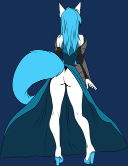 anthro armor blue_clothing blue_topwear butt clothing exposed female footwear high_heels magic_user markings nails paws presenting presenting_hindquarters raised_tail robe royalty shoes solo standing suggestive tail tattoo teasing topwear underskirt snowiefeather thermia_(character) canid canine canis fox hybrid mammal wolf alpha_channel hi_res