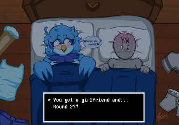 after_sex anthro bed big_breasts blush breasts clothing discarded_clothing discarded_underwear duo female furniture huge_breasts male male/female nude on_bed text thick_thighs underwear wide_hips sebtoons undertale_(series) undertale_yellow anon martlet_(undertale_yellow) avian bird human mammal