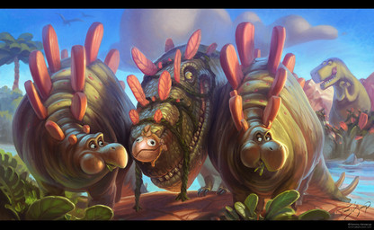 claws cloud day disguise eating feral fern grazing group outside palm_tree plant rock smile standing tail teeth tree water tommy_kinnerup dinosaur ornithischian prehistoric_species reptile saurischian scalie stegosaurian stegosaurus theropod thyreophoran tyrannosaurid tyrannosauroid tyrannosaurus tyrannosaurus_rex 2013 hi_res