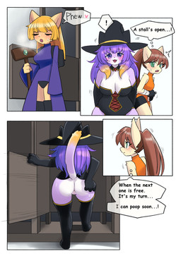 anthro bare_butt bathroom breasts brown_hair cleavage clothed clothing curvy_figure dark_eyes female fingerless_gloves fur gloves green_eyes group hair handwear long_tail orange_clothing poop_desperation potty_dance public_restroom purple_body purple_hair relieved skinny speech_bubble tail text thought_bubble trio waiting_in_line witch_costume yellow_body yellow_fur unoroute domestic_cat felid feline felis mammal comic english_text