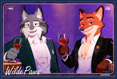abs alcohol anthro beverage clothed clothing container cup drinking_glass duo glass glass_container glass_cup male male/male muscular muscular_male open_clothing open_shirt open_topwear pecs shirt topwear wine wine_glass lingredcloud oravert69522 disney zootopia nick_wilde pawbert_lynxley canada_lynx canid canine felid feline fox lynx mammal red_fox true_fox hi_res
