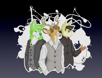 4_fingers accessory anthro antlers beard brown_body brown_fur brown_hair brown_nose classy claws clock clothed clothing collared_shirt dipstick_ears dress_shirt ear_markings facial_hair fingers fur goatee gradient_background green_body green_fur green_hair group hair holding_object horn jacket looking_at_viewer male markings multicolored_ears necktie outline pocketwatch shirt short_hair simple_background smile suit tan_body tan_fur teal_nose topwear vest watch whiskers white_body white_fur trashdogeking ada_oz_(character) jegermaistro niic canid canine canis deer hare lagomorph leporid mammal wolf