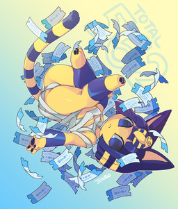 4_toes anthro blue_body blue_eyes blue_fur blue_hair butt feet female fur hair kemono pawpads solo striped_body striped_fur stripes text ticket toes yellow_body yellow_fur lemoco animal_crossing nintendo ankha_(animal_crossing) domestic_cat felid feline felis mammal digital_media_(artwork) english_text hi_res shaded