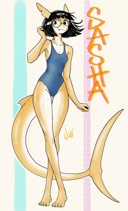 4_toes anthro bangs barefoot big_glasses biped black_hair breasts claws cute_fangs eyewear fangs feet female fin gills glasses hair long_tail looking_at_viewer notched_ear plantigrade skinny_anthro skinny_female slim small_breasts solo standing tail tail_fin teeth thick_tail thigh_gap toe_claws toes wearing_glasses yellow_body yellow_skin hoodbiology sasha_(hoodbiology) aquatic fish shark hi_res