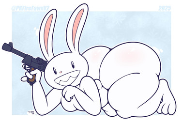 4_fingers anthro big_butt black_eyes blush body_blush bottom_heavy butt butt_blush feet femboy fingers fur gun holding_gun holding_object holding_ranged_weapon holding_weapon huge_butt huge_thighs long_ears male pink_nose ranged_weapon seductive sharp_teeth smile solo teeth text thick_thighs toes weapon white_body white_fur wide_hips pkfirefawx sam_and_max max_(sam_and_max) lagomorph leporid mammal rabbit 2025 artist_name digital_drawing_(artwork) digital_media_(artwork) english_description hi_res