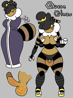2_fingers 4_arms 4_fingers 4_toes antennae_(anatomy) anthro arthropod_abdomen balls big_breasts black_hair breasts chastity_belt chastity_device claws clothing covering covering_breasts crown eyelashes eyeshadow feet fingers food footwear genitals grey_background gynomorph hair headgear high_heels honey_(food) intersex makeup markings mole_(marking) multi_arm multi_limb narrowed_eyes penis robe shoes simple_background solo striped_markings stripes text toe_claws toes yellow_body toni_oni fan_character arthropod bee hymenopteran insect 3:4 hi_res signature