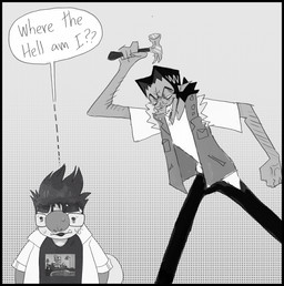 ambiguous_gender arm_hair bared_teeth big_nose black_border black_hair bodily_fluids body_hair bone border bottomwear clothing dialogue duo eyebrows eyelashes eyewear facial_hair fangs fist glasses grin hair hammer imminent_death looking_at_another male mustache open_mouth pants pointy_ears pointy_nose sharp_teeth shirt simple_background skeleton smile speech_bubble sweat sweatdrop t-shirt tail teeth text thick_eyebrows tools topwear tusks vest whiskers plentyofsoup cartoon_network powerpuff_girls the_simpsons ace_(powerpuff_girls) soup_(plentyofsoup) humanoid unknown_species digital_media_(artwork) english_text greyscale handwritten_text hi_res monochrome sketch