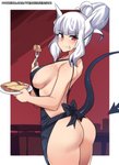apron apron_only big_breasts bow_in_back breasts butt clothing cutlery demon demon_humanoid eating female food fork hair helltaker hi_res holding_fork holding_object holding_plate horn humanoid kitchen_utensils long_hair looking_at_viewer lucifer_(helltaker) markings mole_(marking) mostly_nude not_furry pancake plate ponytail princess_hinghoi red_eyes side_boob simple_background solo spade_tail tail text tools url waist_bow white_body white_hair white_horn white_skin