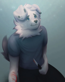 blood blood_on_arm blood_on_knife blue_eyes bodily_fluids fur knife male self-harm solo tears white_body white_fur i_dk_i dousheek_(i_dk_i) canid canine canis domestic_dog mammal 4:5 hi_res