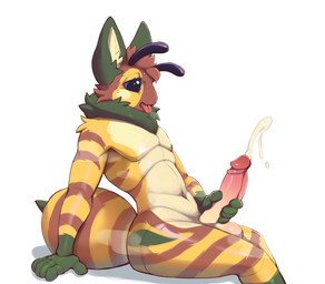 antennae_(anatomy) anthro balls bodily_fluids butt cum erection fur genital_fluids genitals hair male nude open_mouth penis simple_background solo tongue tongue_out yellow_body respdragon smaugger arthropod bee domestic_cat felid feline felis hymenopteran insect mammal absurd_res digital_media_(artwork) hi_res