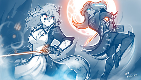 anthro boots breasts castle cleavage clothed clothing coat dress duo fancy_clothing fangs female footwear fur grin hair hair_over_eye holding_melee_weapon holding_object holding_sword holding_weapon jumping markings melee_weapon moon night one_eye_obstructed outside shoes smile spots spotted_body spotted_fur sword swordfight teeth topwear weapon conditional_dnp tom_fischbach twokinds kathrin_vaughan maren_taverndatter canid canine felid human hybrid keidran mammal pantherine vampire 2023 7:4 adobe_photoshop_(artwork) digital_media_(artwork) hi_res monochrome sketch spot_color