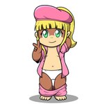 anthro beret blonde_hair bottomwear bottomwear_down brown_body brown_fur camel_toe clothed clothing female fur gesture green_eyes hair hand_behind_head hand_gesture hat headgear headwear loli open_clothing open_shirt open_topwear pajama_bottoms pajama_shirt pajamas panties pants pants_down partially_clothed pink_bottomwear pink_clothing pink_pants pink_shirt pink_topwear shirt simple_background smile solo topwear underwear v_sign white_background white_clothing white_panties white_underwear young young_anthro young_female anonymous_artist donkey_kong_(series) nintendo dixie_kong haplorhine mammal monkey primate 1:1 absurd_res hi_res